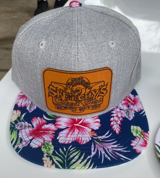 Sketchy's Floral Hat w/ Leather Logo Patch - Solid grey with Flowered Bill